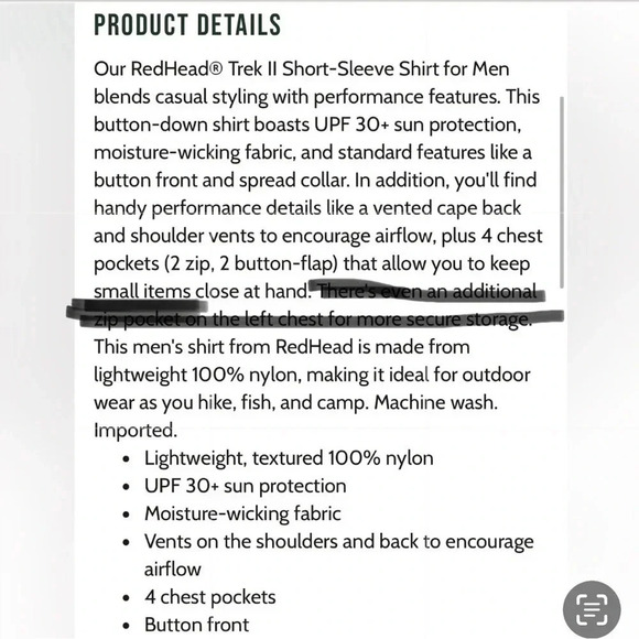 REDHEAD fishing shirt ,vented , XLT. UPF 30,EC white 
EC  PTP 26” - Picture 13 of 13